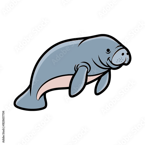Cartoon illustration of a gray manatee swimming, showing its body and flippers.