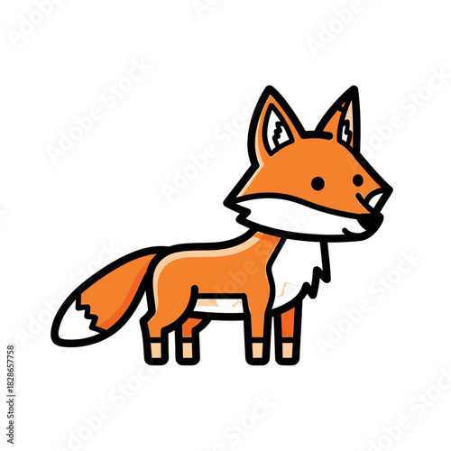 A cartoon fox with orange fur and white chest standing on a white background.
