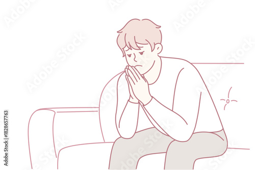 Man sitting on couch holding face, overwhelmed after long workday, hunched posture and clasped hands, soft pastel line art, sparse interior, evening stillness, mood of anxiety and burnout,
