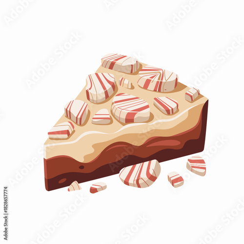 Peppermint bark slice vector with chocolate layers and candy – Perfect for holiday confection packaging, seasonal recipes, or Christmas graphics.