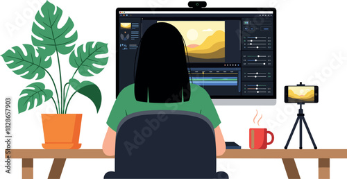 Video editing workstation vector illustration with woman editing footage at desk, computer screen, coffee and tripod setup