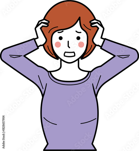 正面向き。頭を抱えるカットソーの若い女性。