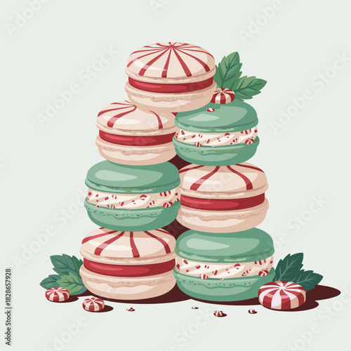 Elegant Christmas Macaron Tower Dessert Vector Art – Suitable for holiday entertaining guides or winter wedding invitations.