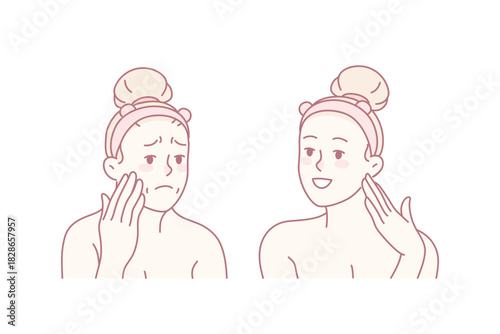 Woman before and after beauty face procedures. Unhappy female satisfied with cosmetology treatment result. Vector illustration.