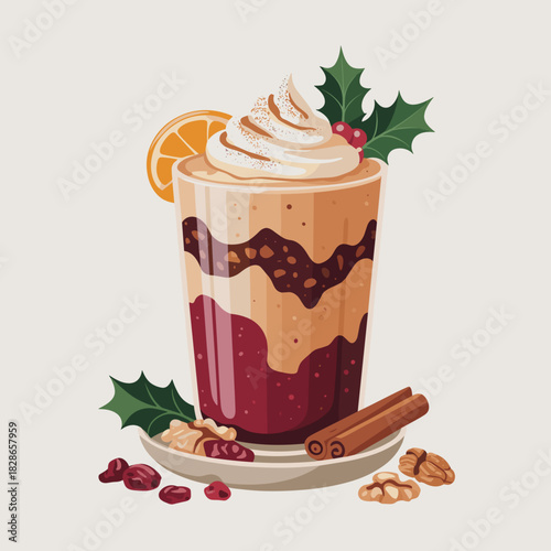 Festive Christmas Pudding Smoothie with Holly Vector – Great for seasonal drinks menus or wellness content.
