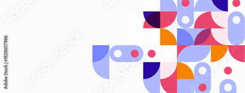 Abstract geometric shapes, vibrant colors, minimalist design. Composition features overlapping circles, squares, curves. Modern aesthetic.