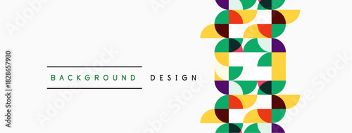 Abstract geometric pattern. Colorful half circles create vertical design. White background provides contrast, simple text labels present.