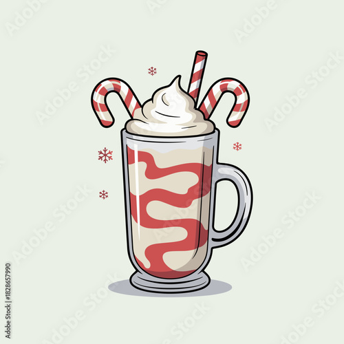 Candy cane frappé in tall glass vector illustration – Modern Christmas beverage graphic for holiday menus and advertising.