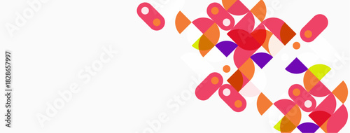 Abstract shapes, vibrant colors, geometric patterns. Pink, purple, orange dominate white background. Modern design elements present.