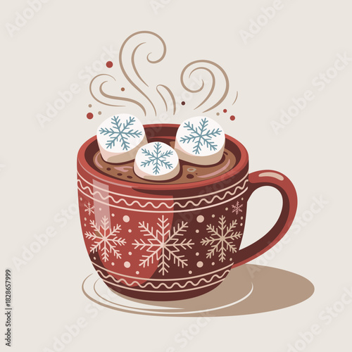 Festive hot cocoa mug with snowflake marshmallows vector art – Holiday drink graphic for cozy winter and seasonal themes.