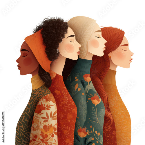 Diverse group of five smiling women standing together in front of a transparent background