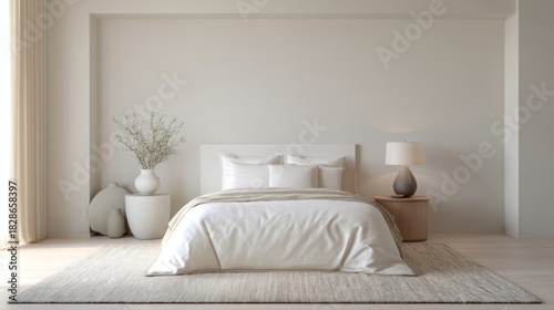 Minimalist Bedroom Design with Neutral Tones Featuring Bed, Decorative Pillows, Wall Decor, and Soft Textures for Serene Atmosphere