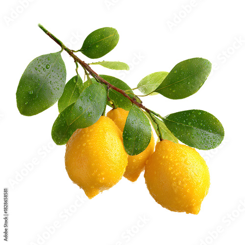 Foto Fresh Lemons with Green Leaves on a Branch - Vibrant Citrus Fruit Photography