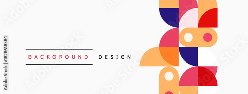 Abstract geometric shapes, vibrant colors, modern design elements. Background features text labels, simple composition.