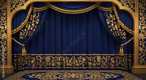 Ornate stage with royal blue curtains, gold trim, and a matching carpet, creating a luxurious and theatrical backdrop.