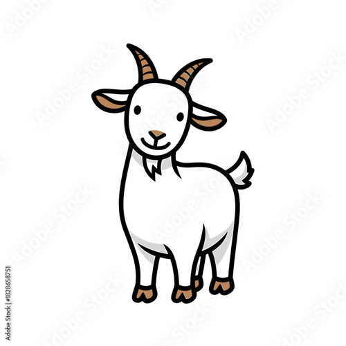 Cartoon illustration of a cute, white goat with brown hooves and horns, standing on a white background.