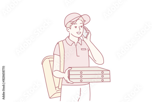 Happy young male deliveryman with pizza boxes calling client on cellphone. Smiling man courier deliver order to customer. Vector illustration.