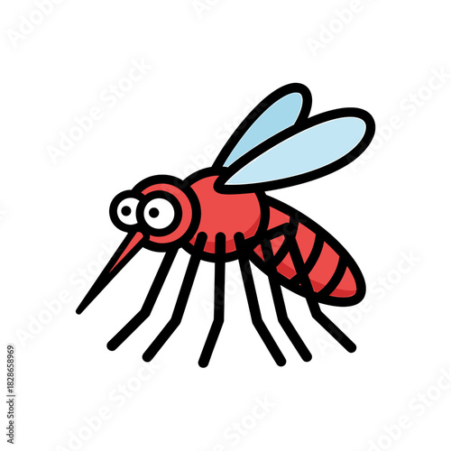A cartoon depiction of a mosquito, featuring red body, black legs, and blue wings.