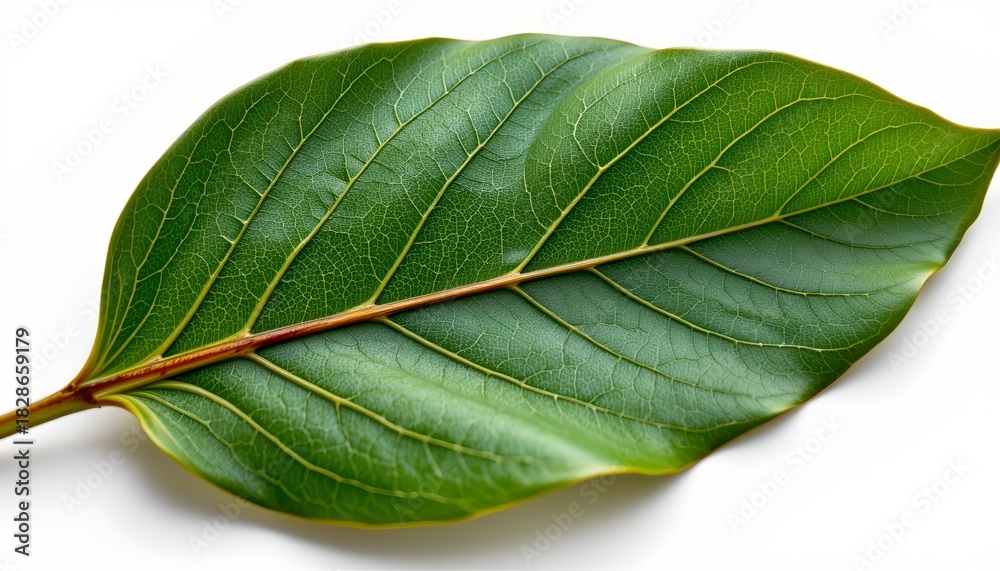 Obraz premium A single, vibrant green leaf with a noticeable vein running down its center against a white background.