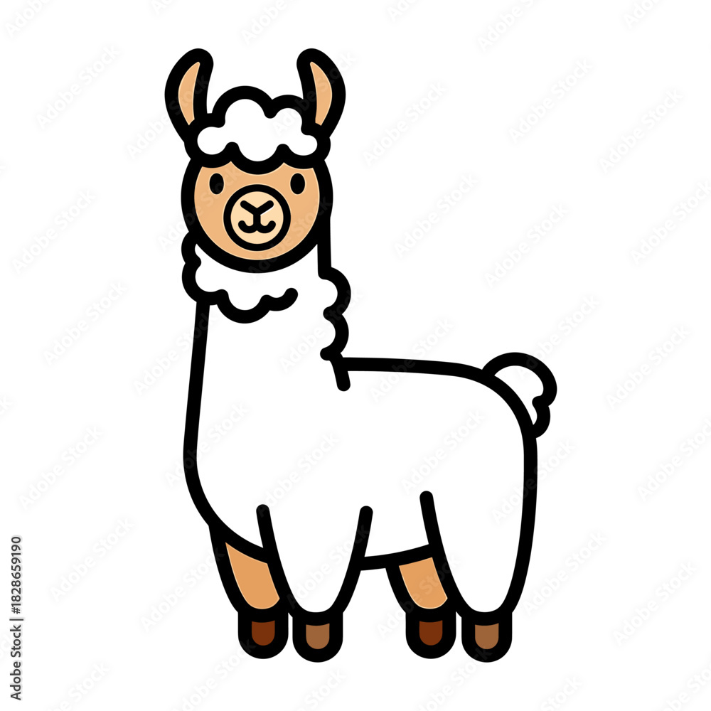 Fototapeta premium Cartoon illustration of a white llama with brown legs and a fluffy neck, isolated on white.