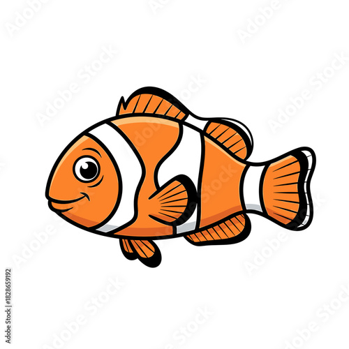 Cartoon depiction of an orange clownfish with white stripes, isolated on a white background.