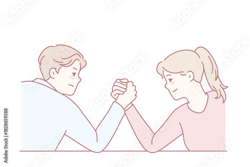 Man and woman arm wrestling decide leadership and dominance. Male and female cartoon characters demonstrate strength and power. Vector illustration.