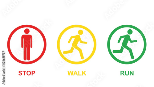 Modern vector icons illustrating stop, walk, and run actions for pedestrian safety and traffic control, ideal for transportation and urban planning designs