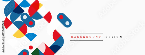 Abstract geometric shapes overlap, creating vibrant colorful background. White space provides contrast, simple text present.