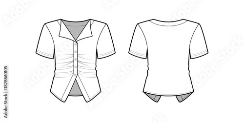 Women's Short Sleeve Ruched Button-Front Blouse Flat Sketch-Front and Back View- Fashion Flat- Vector Illustration- CAD Mock-up