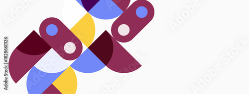 Abstract shapes overlap, creating dynamic composition. Colors include purple, blue, yellow, white. Minimalist design, modern aesthetic.