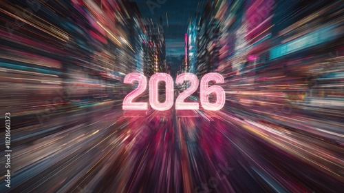 Glowing numerical designation for the year twenty twenty six appears centered over a vibrant, motion-blurred cityscape at night