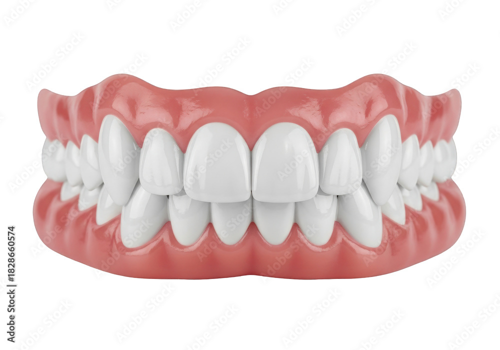 Fototapeta premium Complete set of dentures showcases dental technology for a perfect smile, promoting confidence and oral health in a realistic design, ideal for health and wellness campaigns