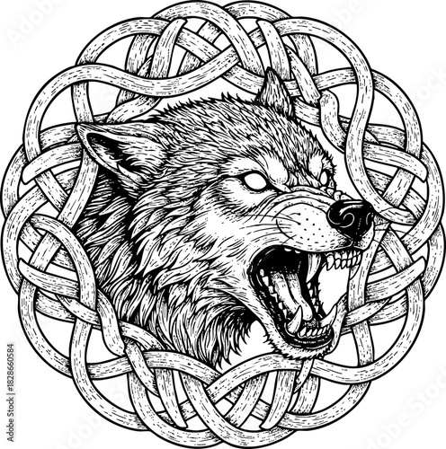 Detailed Black and White Celtic Knot Wolf Head Illustration