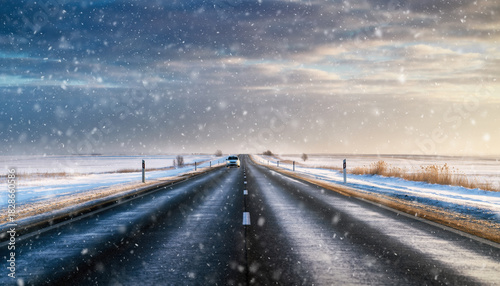 Car drives on snowy road under cloudy sky, creating serene winter landscape