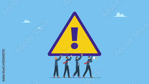 Business people carrying attention sign with loud speaker. Attention message announcement, important communication or advertisement, beware warning, careful symbol or urgent notification.