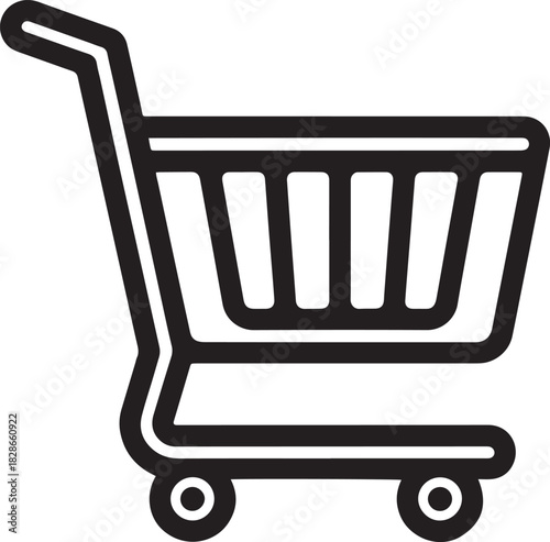 Black and white shopping cart icon with wheels and handle.