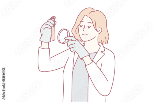 Caucasian woman disinfecting gadget with spray and cloth, preparing headset for remote meeting. Soft line-art portrait shows focused homeowner smiling while applying sanitizer to device,