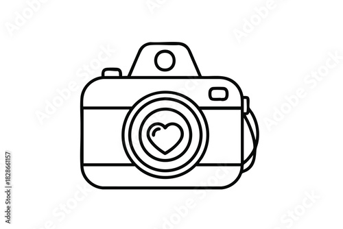 Line Art Camera Icon with Heart on Lens