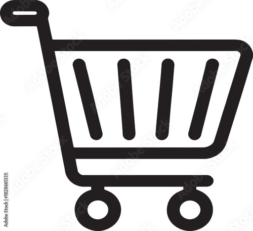 Black and white shopping cart icon with handle and wheels.