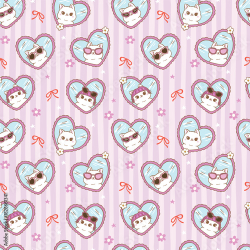 Cute Girly Self Love Cat Heart Frame Seamless Pattern Cartoon Hand Drawn Repeat Background