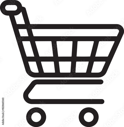Black and white shopping cart icon with handle and wheels.