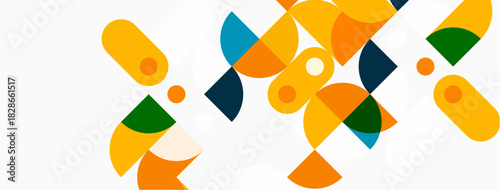 Abstract geometric shapes overlap, creating vibrant composition. Orange, blue, green hues dominate neutral background. Modern design elements present.