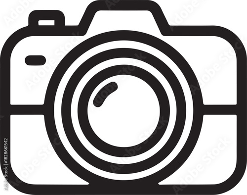 A simple black and white line drawing of a camera with a large lens.