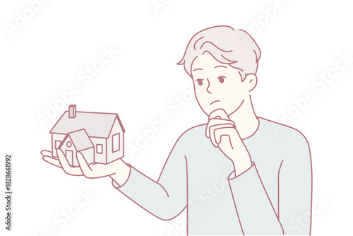 Man holding miniature house looking worried about mortgage and future planning, concerned expression with property and finance context, homeownership stress theme, muted palette and contemplative mood