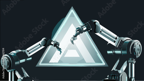 Two robotic arms reaching towards a glowing triangle logo in a futuristic dark industrial setting scene