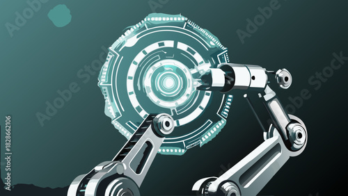 Robotic arm interacting with a glowing circular interface in a futuristic setting with dark backdrop