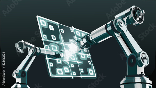 Two robotic arms working on a square grid with glowing squares in a futuristic industrial setting