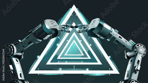 Two robotic arms reaching towards each other in front of a glowing triangular tunnel design element