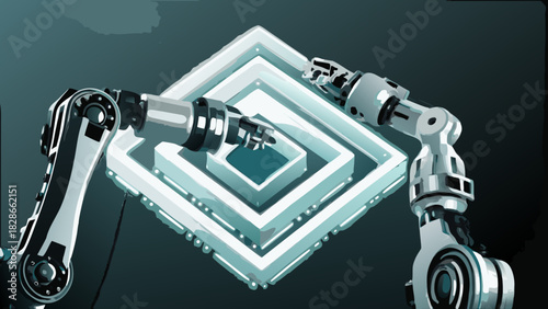 Two robotic arms manipulating a layered square structure with a teal center in a dark setting