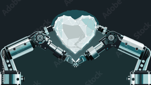 Robotic arms holding a polygonal heart shape with a dark background and teal accents in a futuristic scene